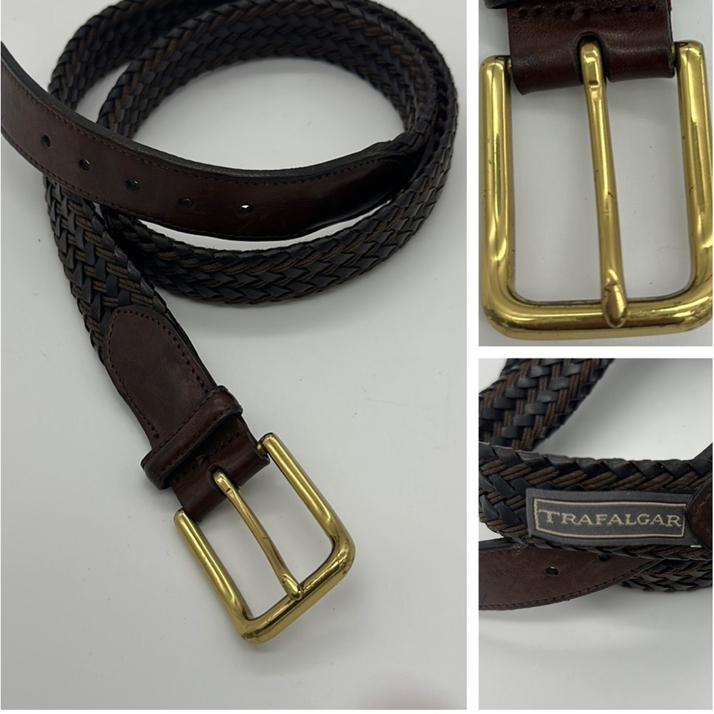 Trafalger Leather Belt Brown Woven Braided Solid Brass Buckle 38